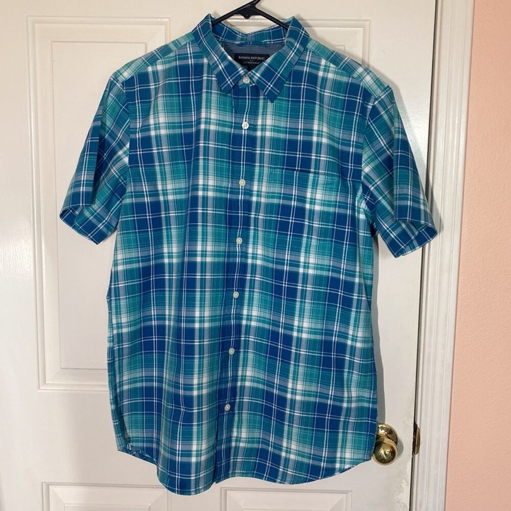 Banana Republic Green and Blue Plaid Button Down Collared Top Front Pocket | L